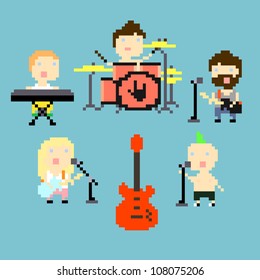 Set of icons on rock band theme in pixel art style, vector illustration