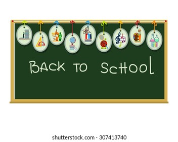 Set of icons on a school theme on the background of the school Board. Vector illustration. Flat style.
