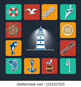 Set of icons on a sea theme. Steering wheel, compass, floats, anchor, circle, dolphin, lantern, against a dark background lighthouse in the center. With a white outline and soft shadows. Vector  