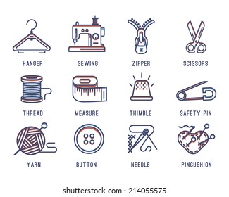Set of icons on the sewing theme.Sewing machine, needle, safety pin, scissors, zipper, yarn, hanger and the spool of thread.