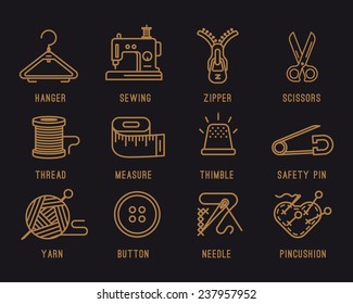 Set of icons on the sewing theme.Sewing machine, needle, safety pin, scissors, zipper, yarn, hanger and the spool of thread.