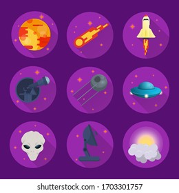 set of icons, on a space science theme, for design design, UFO, telescope, planet, alien, rocket, flat vector illustration