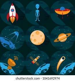 Set of icons on a space theme, in a flat style.