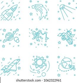 set of icons on a space theme in which there is a rocket, planet, astronaut, sun