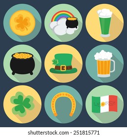 Set of icons on St. Patrick's Day. Flat style. Shadow. vector illustration
