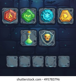 Set icons on the stone buttons. For web, video games, user interface, design.