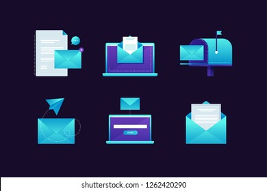 Set of icons on the subject of email. The concept of communication on the Internet. Modern email interface, mail envelopes and mailboxes on a blue background. Vector illustration.