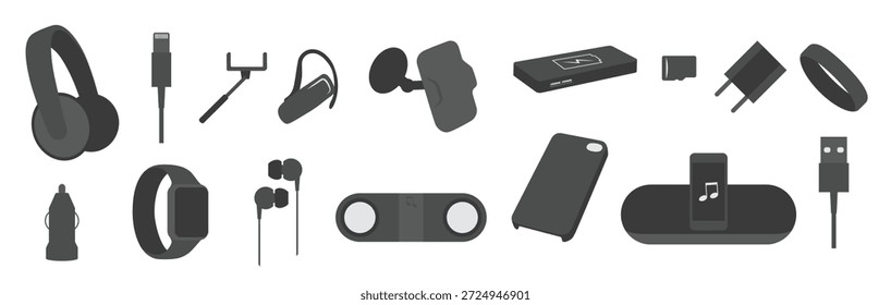 Conjunto de iconos en un tema Accesorios Suministros para móviles 