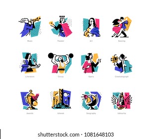 A set of icons on the theme of art forms. Music, choreography, singing, literature, theater, circus. Vector flat illustration. Hobbies of creative people. Icons for the site, banner and print.