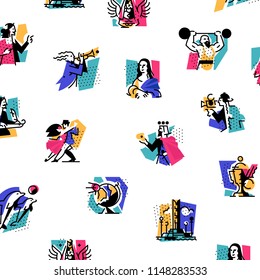 A set of icons on the theme of art forms. Music, choreography, singing, literature, theater, circus. Vector illustration. Hobbies of creative people. Icons for the site, banner and print. Pattern.