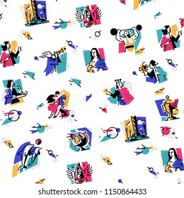 A set of icons on the theme of art forms. Music, choreography, singing, literature, theater, circus. Vector illustration. Hobbies of creative people. Icons for the site, banner and print. Pattern.