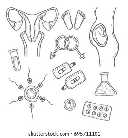 A set of icons on the theme of artificial insemination and pregnancy. Hand drawn vector