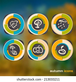 Set of icons on a theme of autumn on a background of defocused autumn leaves