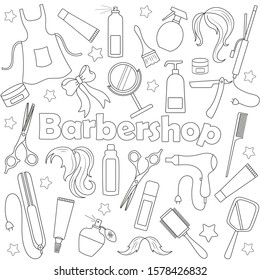 Set of icons on a theme of Barber shop, tools, and accessories of Barber, dark outline on a white background