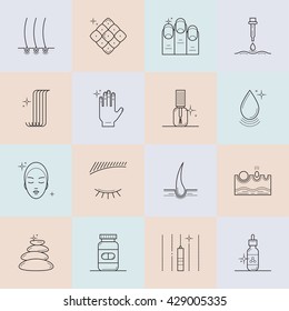 Set Of Icons On The Theme Of Beauty And Health Of Hair, Skin And Nails. Made In Trendy Line Style Vector. Emblems For Cosmetics, Pharmaceuticals, Manicure Salons. Medical Cosmetology.