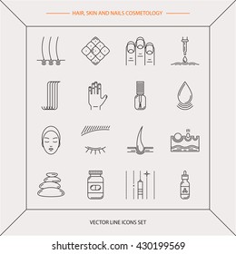 Set of icons on the theme of beauty and health of hair, skin and nails. Made in trendy line style vector. Emblems for cosmetics, pharmaceuticals, manicure salons. Medical cosmetology.