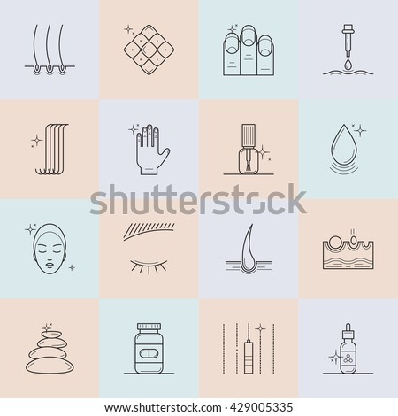 Set of icons on the theme of beauty and health of hair, skin and nails. Made in trendy line style vector. Emblems for cosmetics, pharmaceuticals, manicure salons. Medical cosmetology.