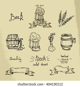 Set of icons on a theme Brasserie. Vector illustration. Illustration in the style of hand-drawn