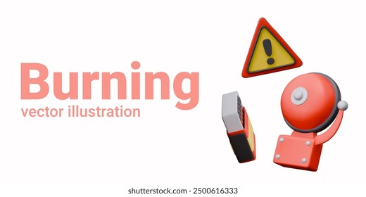 Set of icons on theme of burning. Fire alarm, matchbox, warning sign