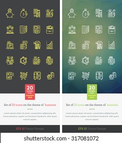 Set icons on the theme of business. Capitalization and deposit, moneybox development, organization finance, money coin, income and profit, bank and safe illustration. Set of thin, lines icons