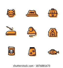 Set icons on the theme of cat life isolated on a white background. Vector illustration.