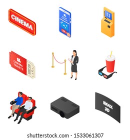 Set of icons on the theme of cinema. Booking, buying and checking tickets. Food and interior elements in the cinema. Isolated isometric objects on white background.