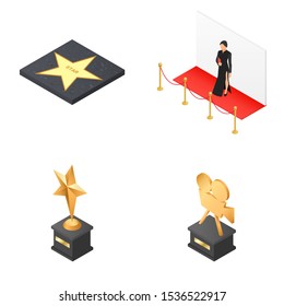 Set of icons on the theme of cinema. Film festival, awards, red carpet and star. Isolated isometric objects on white background. svg