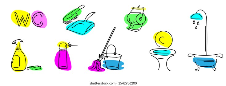 Set of icons on the theme of cleaning the bathroom, toilet, detergents. Isolated over white background.