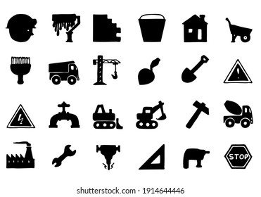 Set of icons on the theme of construction, industry, repair, tools in doodle style. Hand Drawn.