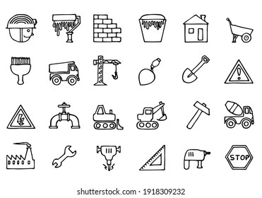 Set of icons on the theme of construction, industry, repair, tools in doodle style. Hand Drawn.