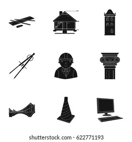 A set of icons on the theme of construction and architects. Builders, architects, and subjects for construction . Architect icon in set collection on black style vector symbol stock illustration.