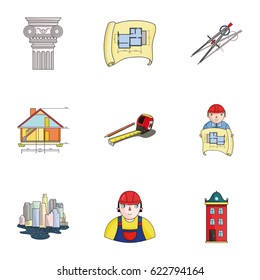 A set of icons on the theme of construction and architects. Builders, architects, and subjects for construction . Architect icon in set collection on cartoon style vector symbol stock illustration.