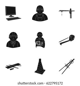 A set of icons on the theme of construction and architects. Builders, architects, and subjects for construction . Architect icon in set collection on black style vector symbol stock illustration.