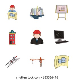 A set of icons on the theme of construction and architects. Builders, architects, and subjects for construction . Architect icon in set collection on cartoon style vector symbol stock illustration.