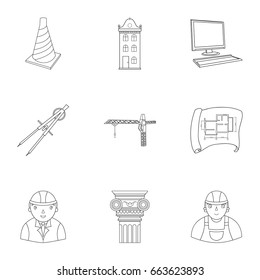 A set of icons on the theme of construction and architects. Builders, architects, and subjects for construction . Architect icon in set collection on outline style vector symbol stock illustration.
