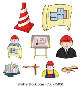 A set of icons on the theme of construction and architects. Builders, architects, and subjects for construction . Architect icon in set collection on cartoon style vector symbol stock illustration.