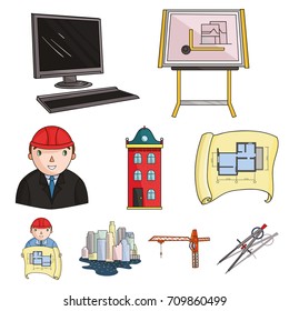 A set of icons on the theme of construction and architects. Builders, architects, and subjects for construction . Architect icon in set collection on cartoon style vector symbol stock illustration.