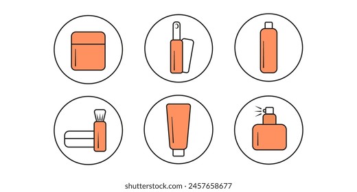 Set of icons on the theme of cosmetics and beauty. Minimalistic color collection of symbols for stylists, hairdressers, spas and beauty salons. Vector colored design for designing beautiful projects.