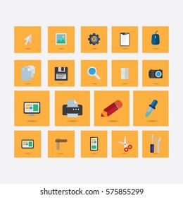 set of icons on the theme of design with shadow light orange