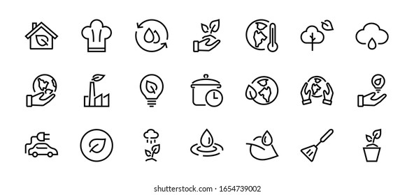 Set of icons on the theme of Ecology, vector lines, contains icons such as electric car, global warming, forest, eco, watering plants and much more. Editable stroke, White background
