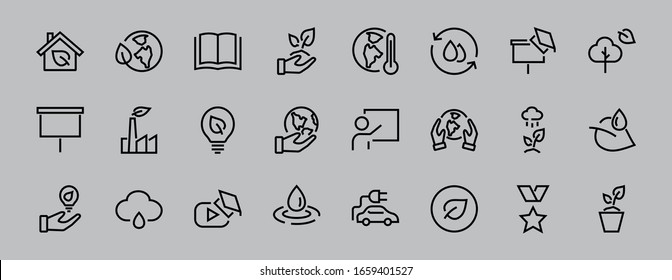 Set of icons on the theme of Ecology, vector lines, contains icons such as electric car, global warming, forest, eco, watering plants and much more. Editable stroke, White background