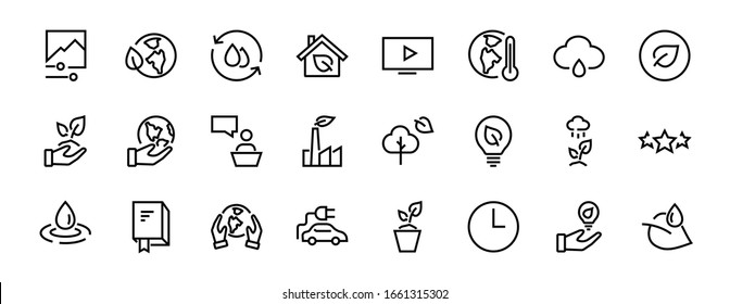 Set of icons on the theme of Ecology, vector lines, contains icons such as electric car, global warming, forest, eco, watering plants and much more. Editable stroke, White background