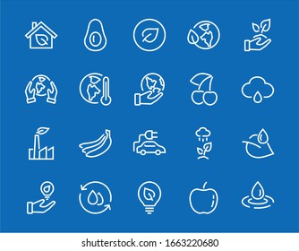 Set of icons on the theme of Ecology, vector lines, contains icons such as electric car, global warming, forest, eco, watering plants and much more. Editable stroke, White background