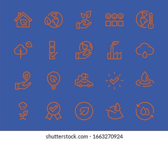 Set of icons on the theme of Ecology, vector lines, contains icons such as electric car, global warming, forest, eco, watering plants and much more. Editable stroke, White background