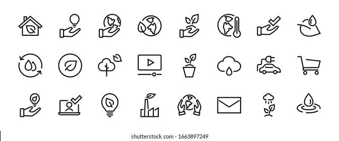 Set of icons on the theme of Ecology, vector lines, contains icons such as electric car, global warming, forest, eco, watering plants and much more. Editable stroke, White background