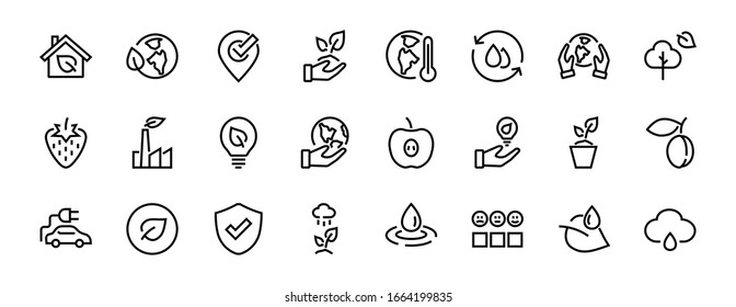 Set of icons on the theme of Ecology, vector lines, contains icons such as electric car, global warming, forest, eco, watering plants and much more. Editable stroke, White background