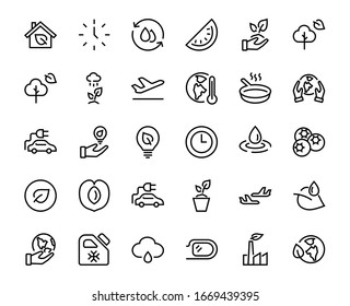 Set of icons on the theme of Ecology, vector lines, contains icons such as electric car, global warming, forest, eco, watering plants and much more. Editable stroke, White background