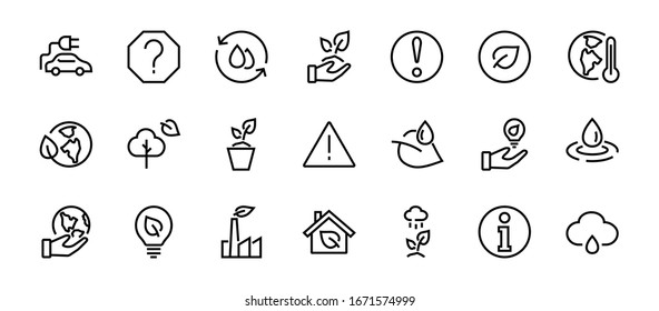 Set of icons on the theme of Ecology, vector lines, contains icons such as electric car, global warming, forest, eco, watering plants and much more. Editable stroke, White background