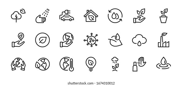 Set of icons on the theme of Ecology, vector lines, contains icons such as electric car, global warming, forest, eco, watering plants and much more. Editable stroke, White background
