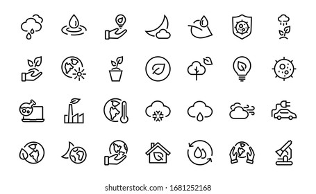 Set of icons on the theme of Ecology, vector lines, contains icons such as electric car, global warming, forest, eco, watering plants and much more. Editable stroke, White background